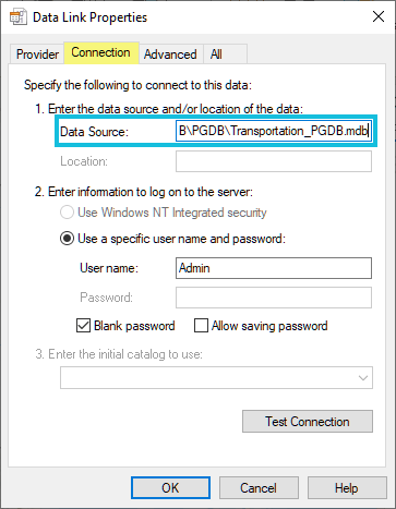 From the Connection tab on the Data Link Properties dialog box, the full path to a .mdb file is shown for the Data Source.