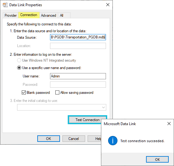 From the Data Link Properties dialog box, testing a connection to a personal geodatabase.