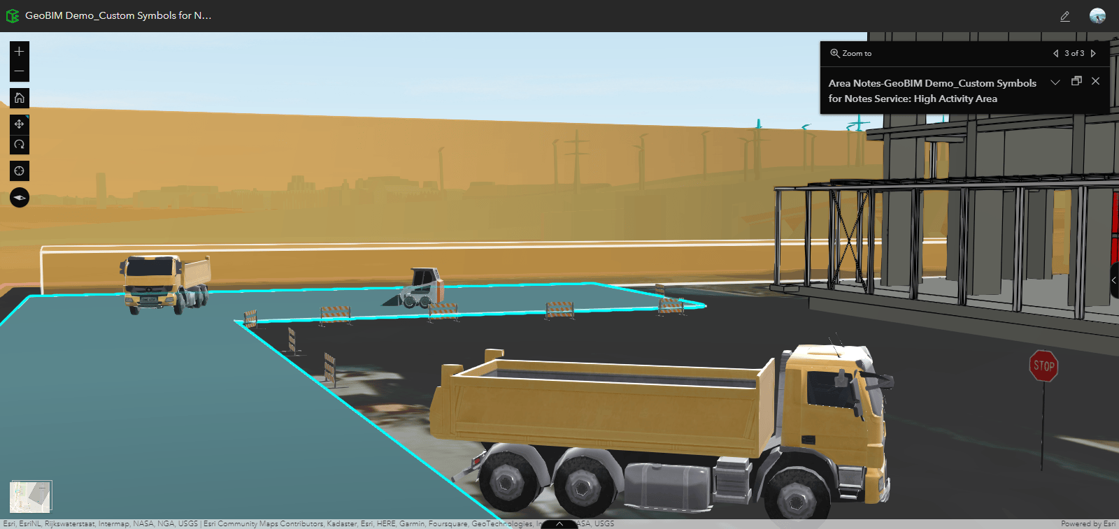 A scene with custom symbology showing Line (fence), Location (Vehicles, Signs, Barriers), and Area Notes (High Activity Area) with custom symbology, A scene with custom symbology showing Line (fence), Location (Vehicles, Signs, Barriers), and Area Notes (High Activity Area) with custom symbology,