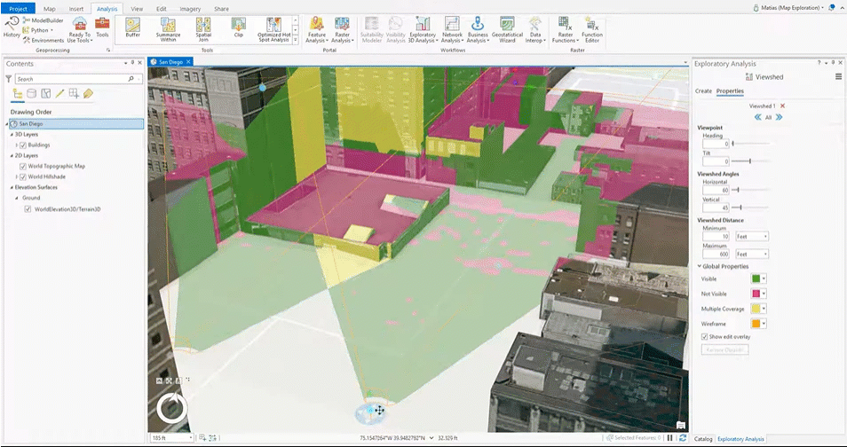 Use the Viewshed exploratory analysis tool to determine what can be seen from different vantage points