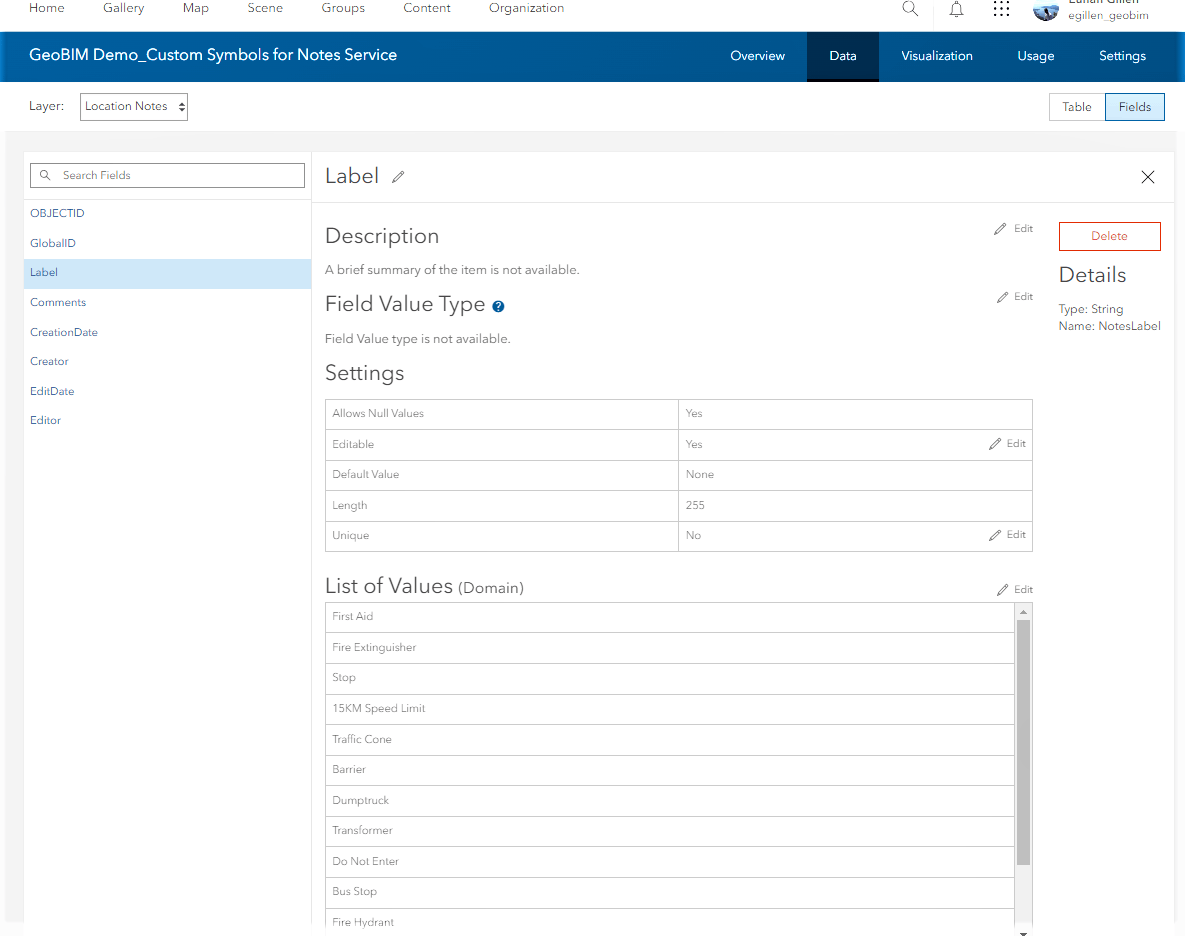 List of values created for Location Notes within feature service