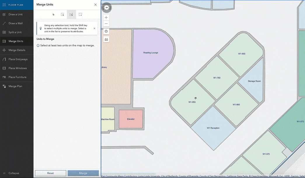ArcGIS Indoors Floor Plan Editor helps merge units on the map