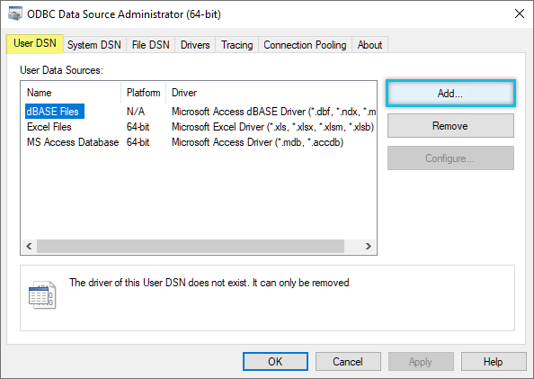 Add User Data Source Name (DSN)