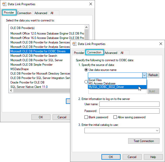 From the Data Link Properties dialog box, selecting Provider and Connection DSN to MySQL database