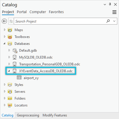 OLE DB connection to a Microsoft Access database (.accdb) appears in the Catalog pane under the Database folder.