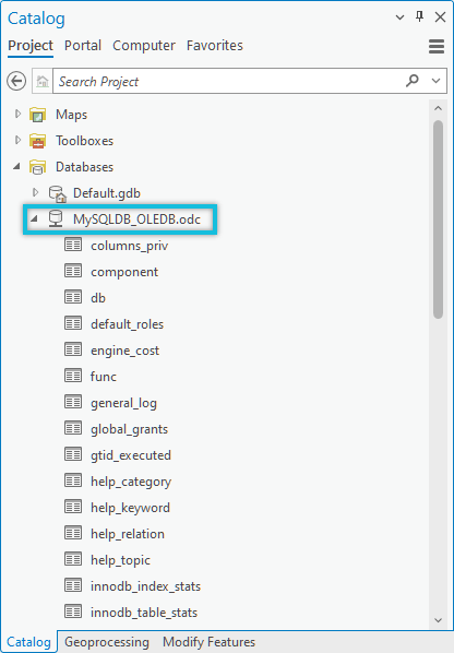 OLE DB connection to a MySQL database appears in the Catalog pane under the Database folder.