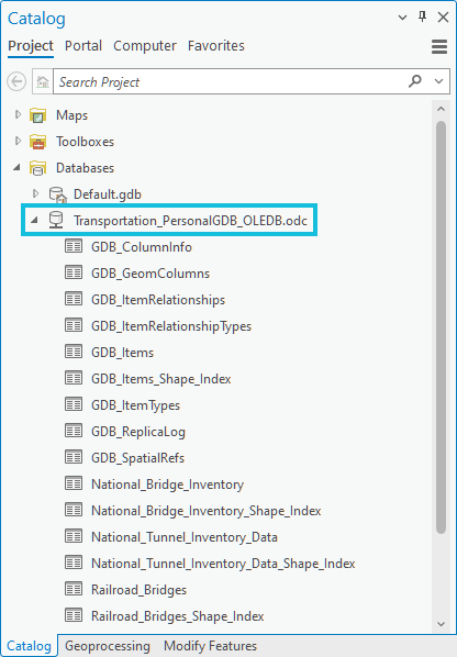 OLE DB connection to a personal geodatabase (.mdb) appears in the Catalog pane under the Database folder.