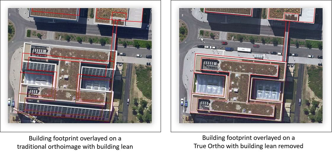 Building footprints overlayed on a traditional orthoimage and a True Ortho Building footprints overlayed on a traditional orthoimage and a True Ortho