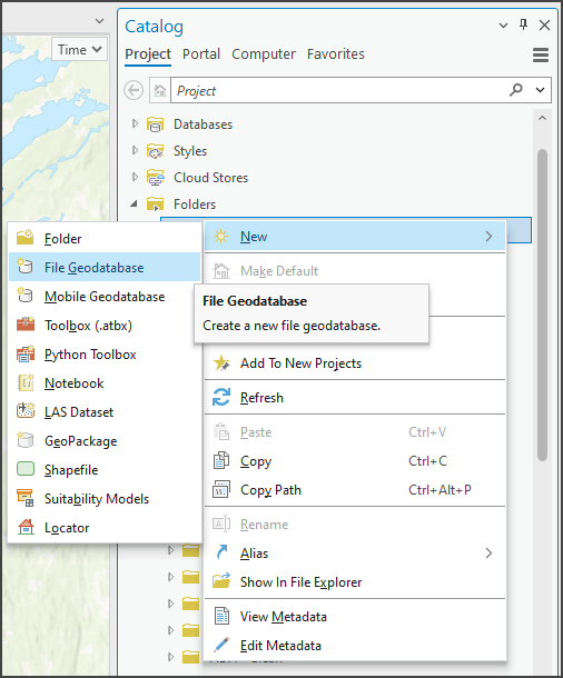 File geodatabase creation menu