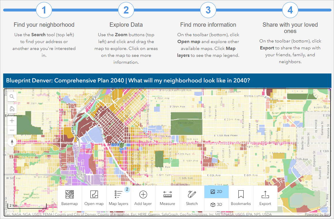 Atlas example of Denver's Comprehensive Plan embedded in a Hub site.