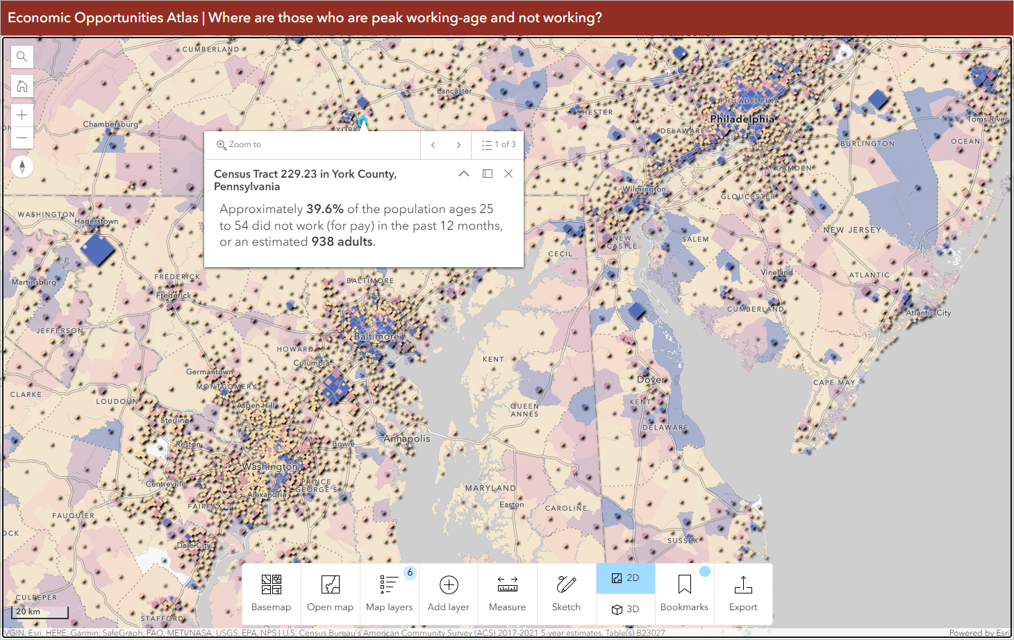 Living Atlas map of where there's a lot of people outside the labor force