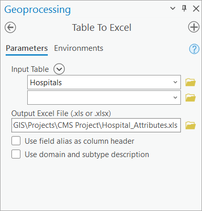 Export Hospitals feature class as an Excel table