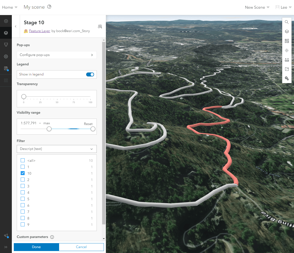 screen shot of ArcGIS Scene Viewer with the Layer Properties menu open. In the Filter section, the selected category is Desript, and the Descript value 10 is selected.