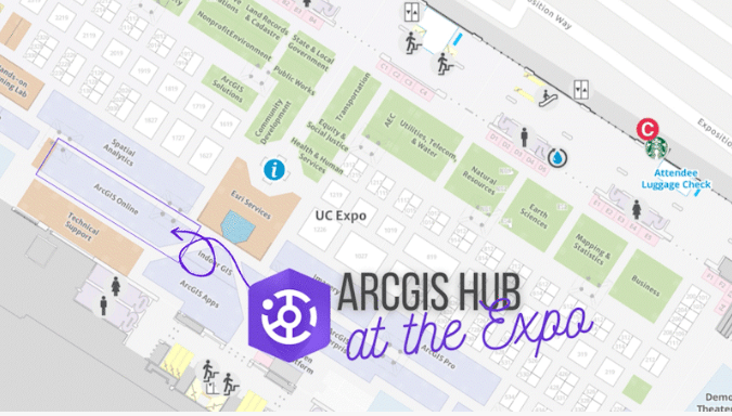 Map of the Esri UC 2023 Expo floor with a purple arrow pointing to the ArcGIS Online area where the ArcGIS Hub kiosk will be located