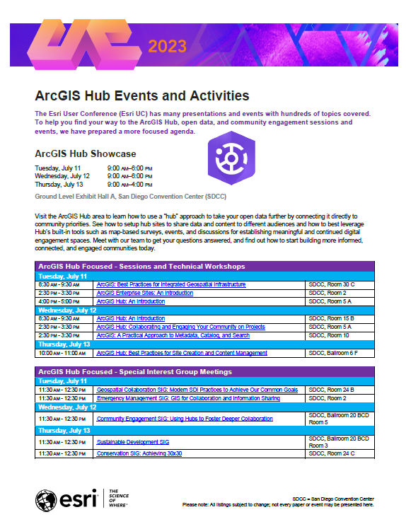 ArcGIS Hub at Esri UC 2023 focused agenda flier