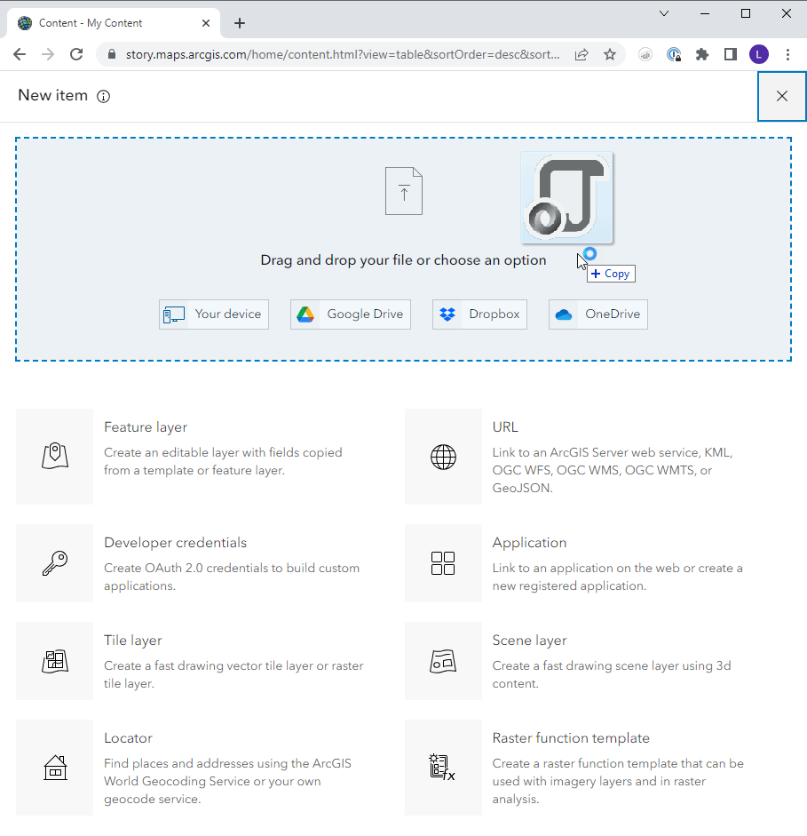 screenshot of arcgis.com new item page. a file is in mid drag en route to the drop zone