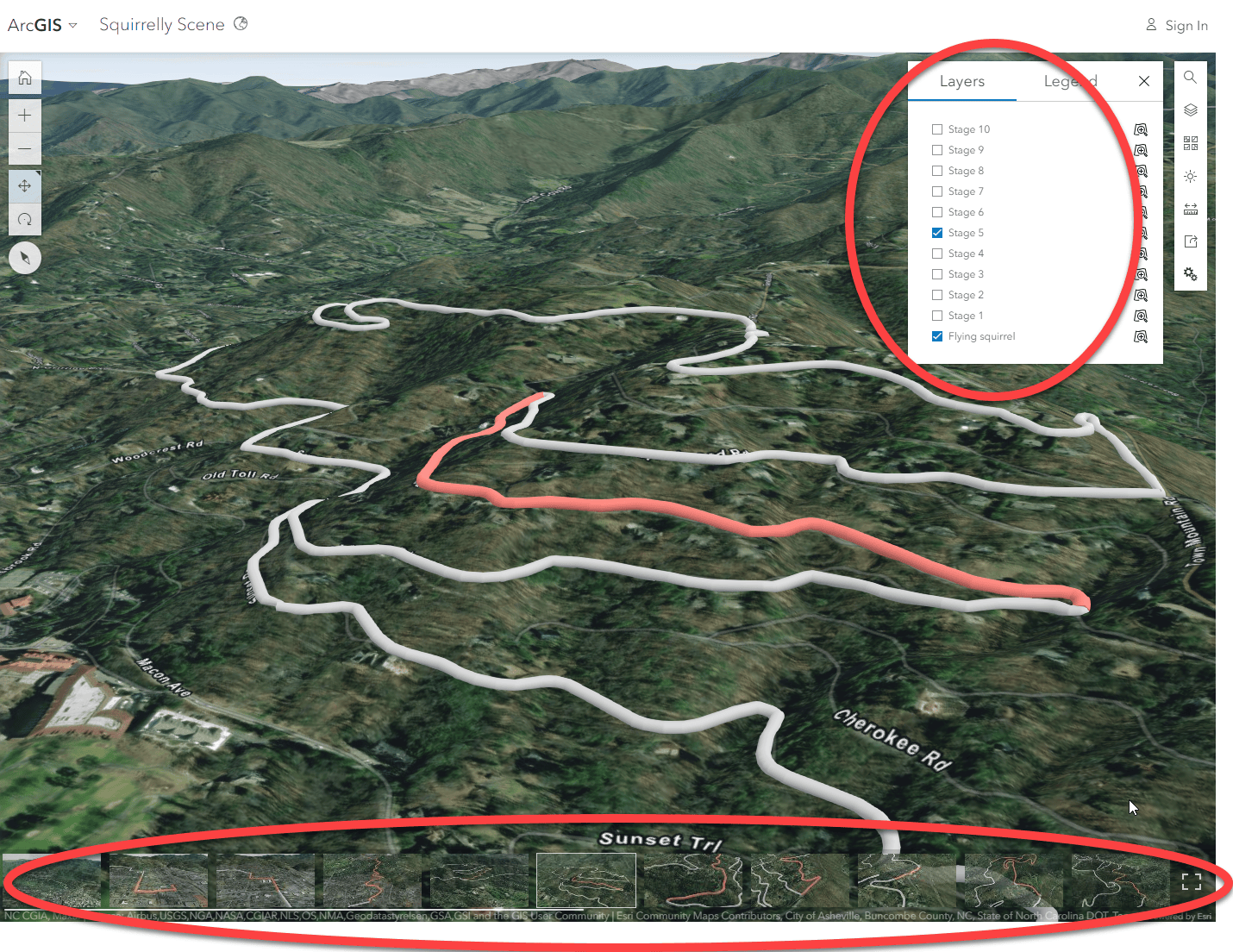 Screenshot of ArcGIS Scene Viewer. The table of contents depicts more than 10 layers. The slide carousel at the bottom shows multiple slides.