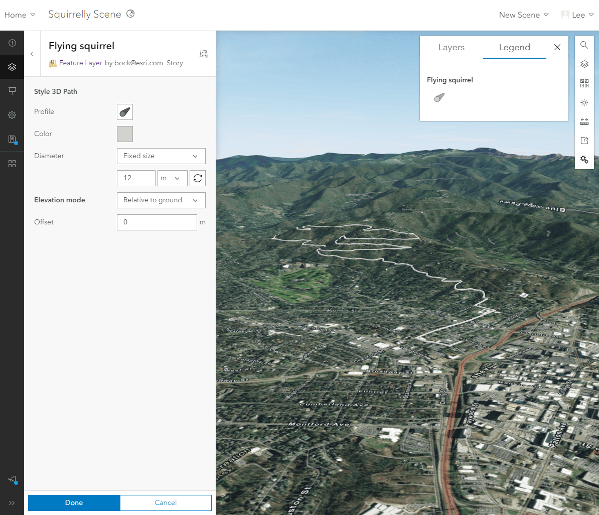 Screen shot of ArcGIS Scene Viewer with Properties Editor menu open. Properties such as color, diameter, elevation mode, and offset are exposed through this menu.