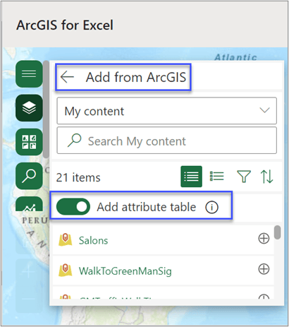 Add from ArcGIS pane with Add attribute table toggle