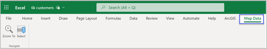 ArcGIS for Excel Map Data tab with tools