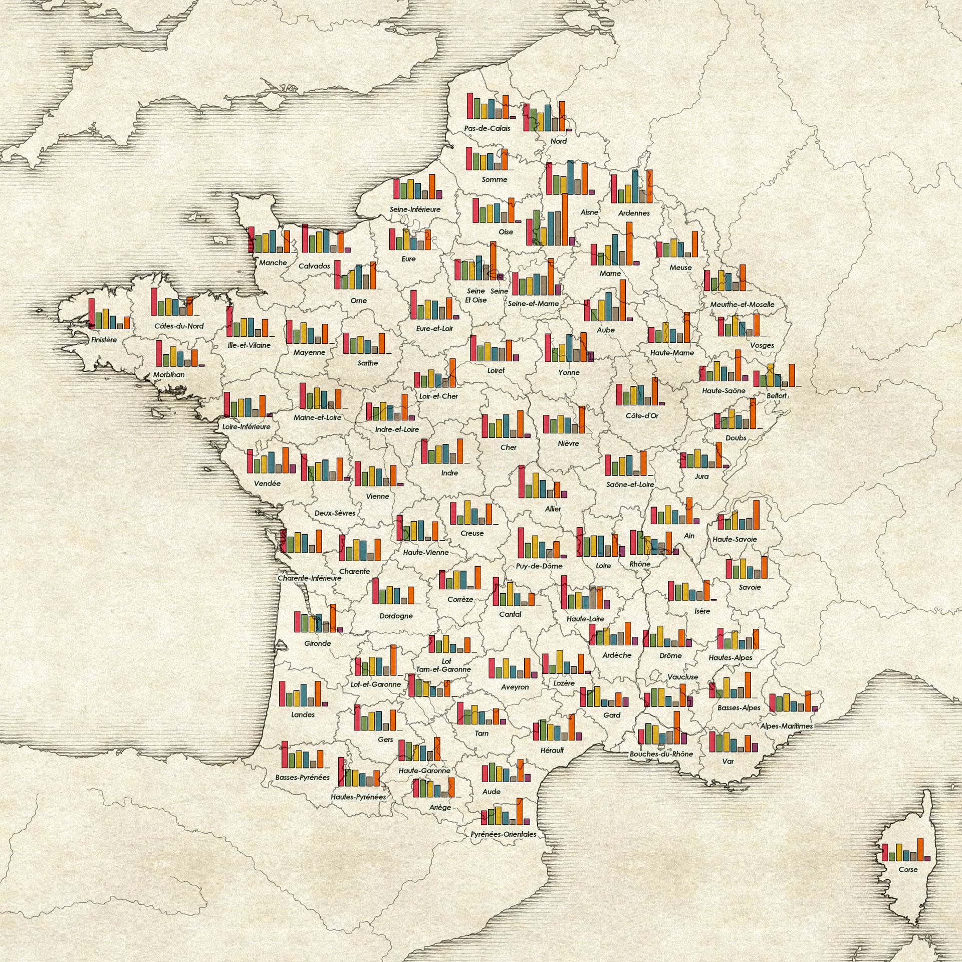 Adaptation of a classic map, using bar chart symbology. Adaptation of a classic map, using bar chart symbology.