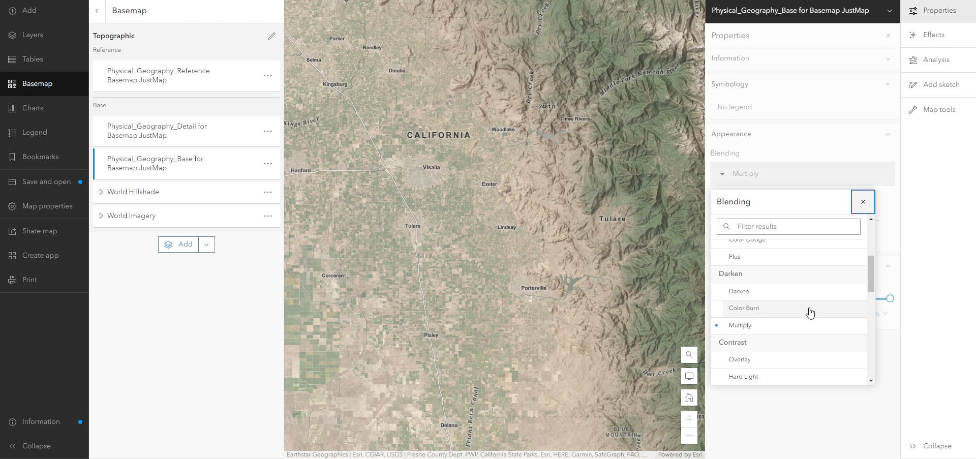Image showing the basemaps in the Map Viewer with the Base layer being 'Blended' with the World Hillshade.