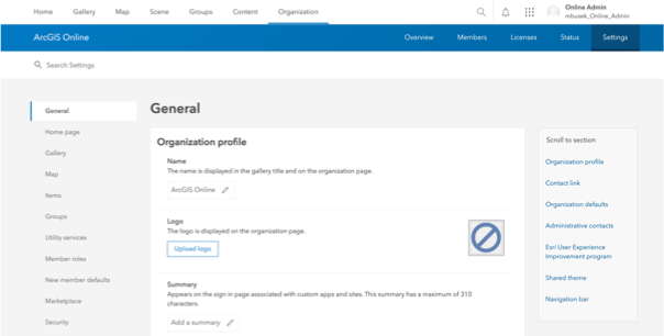 ArcGIS Online administrative user interface ArcGIS Online administrative user interface
