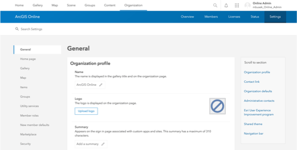 ArcGIS Online administrative user interface