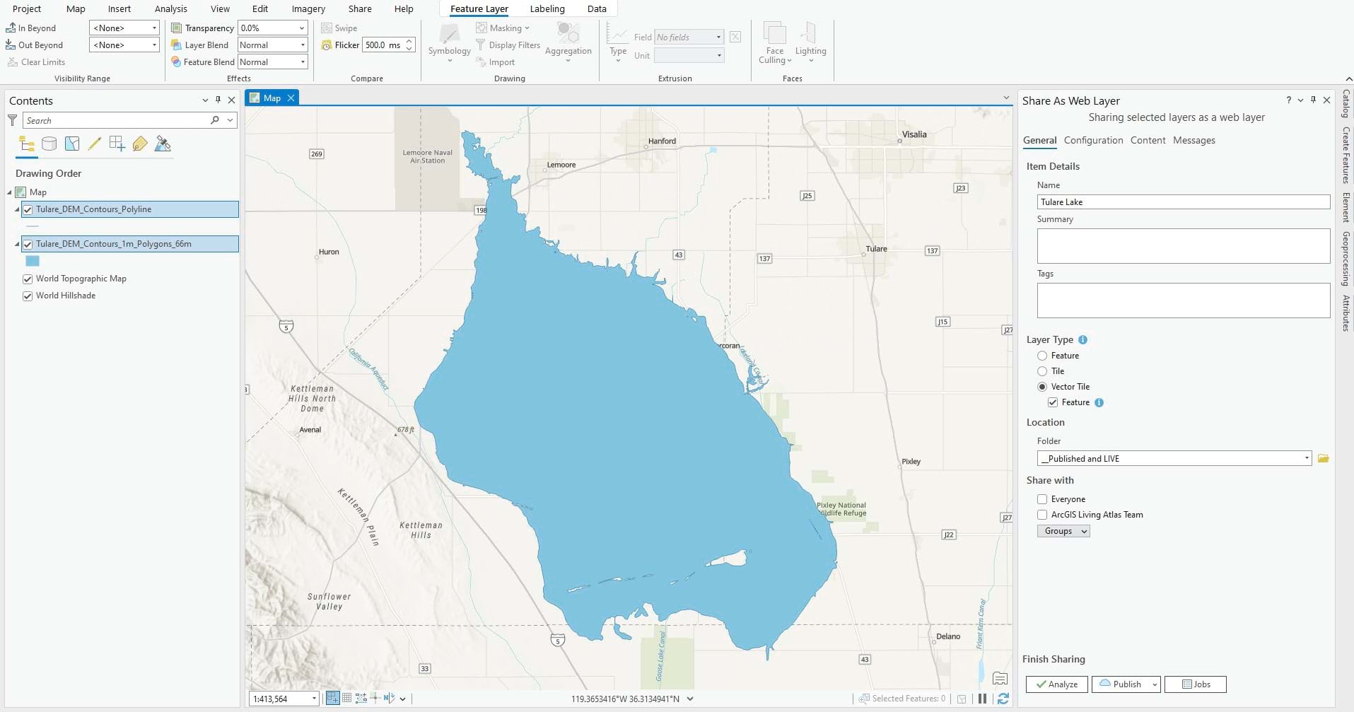 Image of ArcGIS Pro and two layers being published as Vector Tiles to ArcGIS Online.