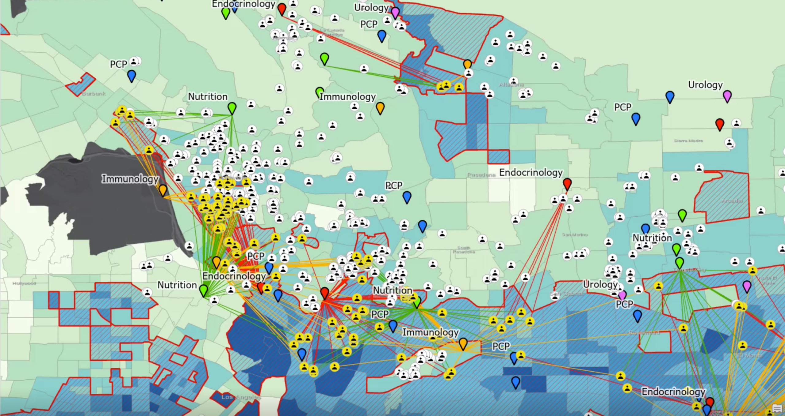 Map of relationships between patients, doctors, in area with a high prevalence of diabetes