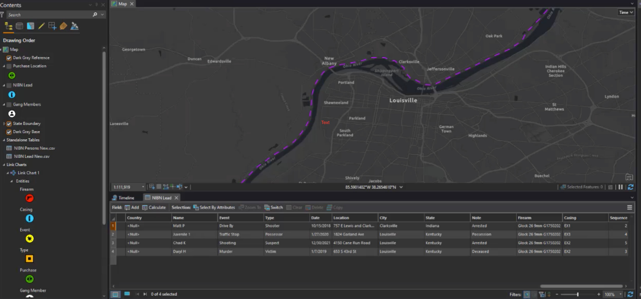 Map showing firearm information, bullet casing information, crime event locations, and known gang member home locations. Map showing firearm information, bullet casing information, crime event locations, and known gang member home locations.