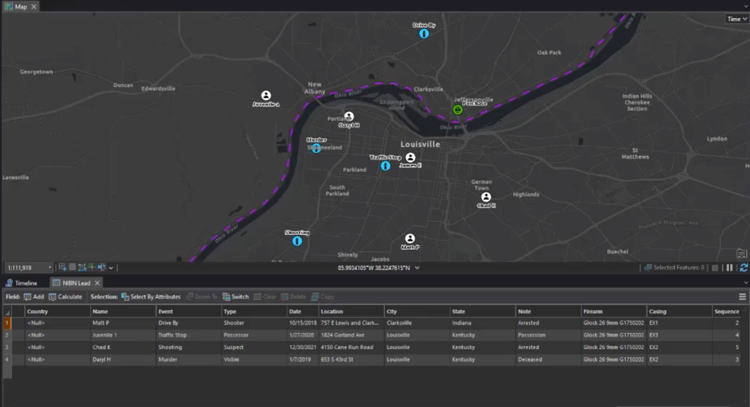 NIBN data map with entities for firearm, casing, event, subject type, purchase, and gang member.