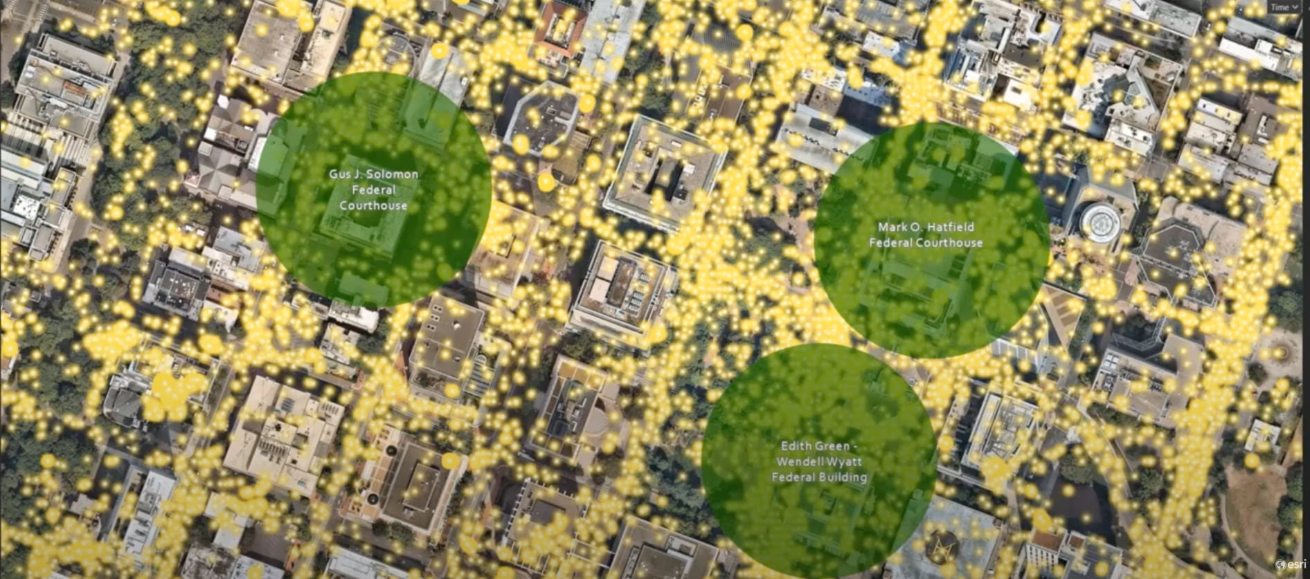 Movement data and buffered areas of interest on a map