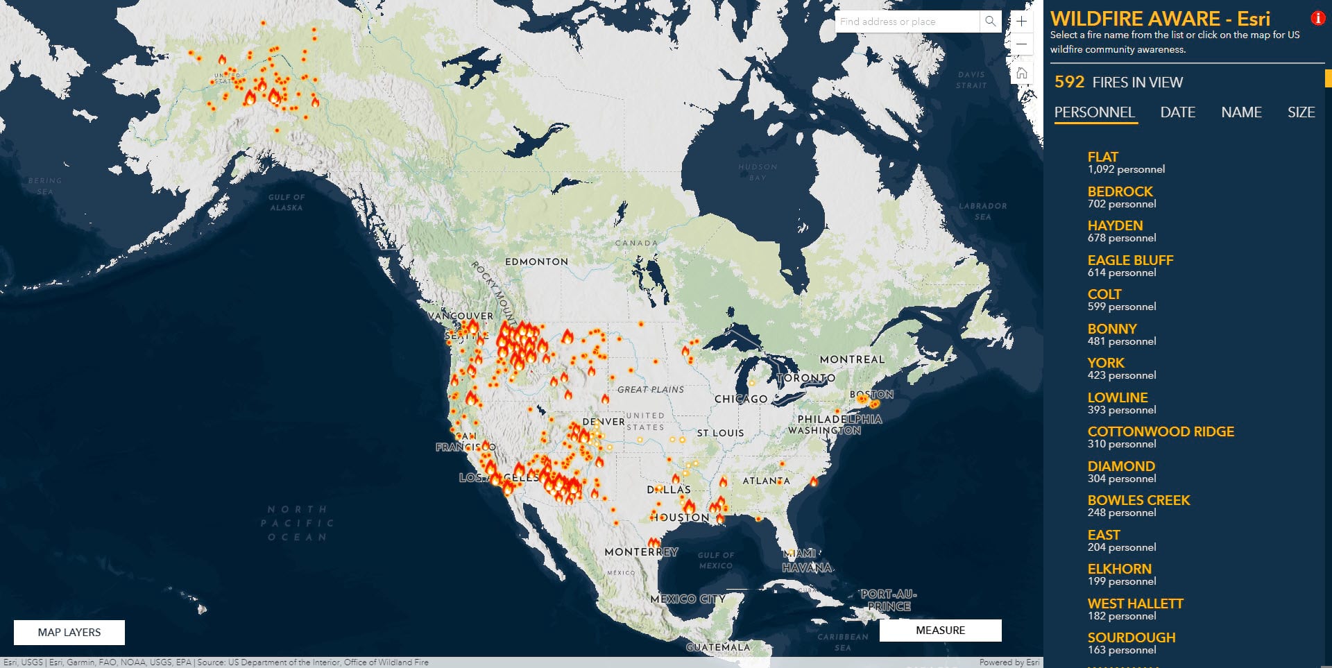 Wildfire Aware app showing the continental USA, Alaska, and Hawaii.