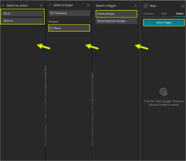 Screenshot of the Map widget's Action settings.