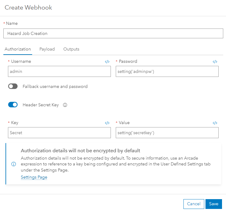 Workflow Manager create webhook dialog, authorization tab