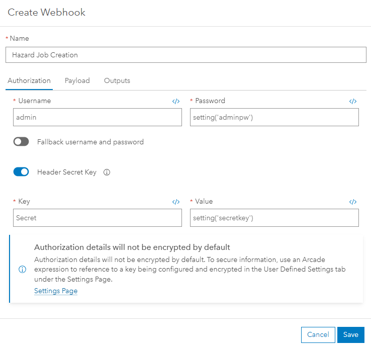 Workflow Manager create webhook dialog, authorization tab Workflow Manager create webhook dialog, authorization tab