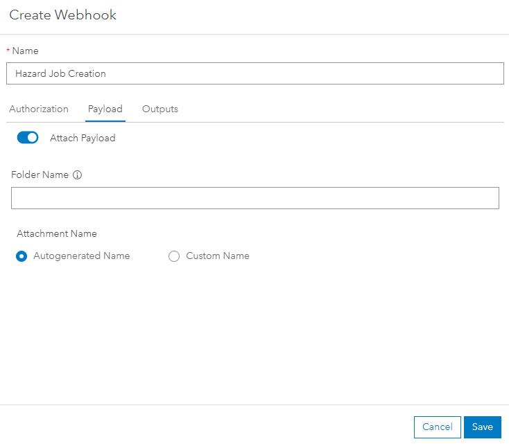 Workflow Manager create webhook dialog, Payload tab