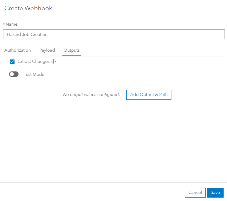 Workflow Manager create webhook dialog, outputs tab