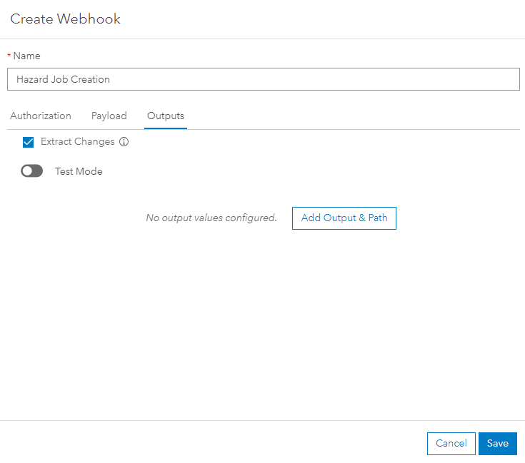 Workflow Manager create webhook dialog, outputs tab Workflow Manager create webhook dialog, outputs tab