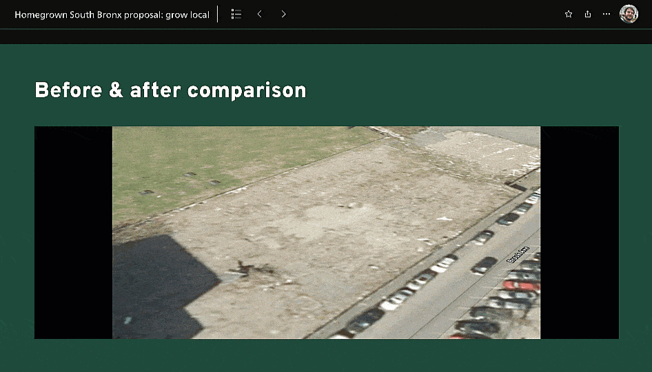 A looping screen recording of a briefing with an embedded video showing a vacant lot fading into an illustration design of a community garden