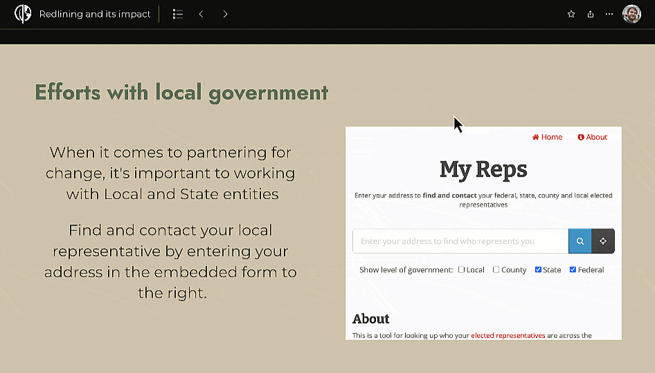 A looping screen recording of a briefing with a web app embedded that allows the user to look up their government representatives