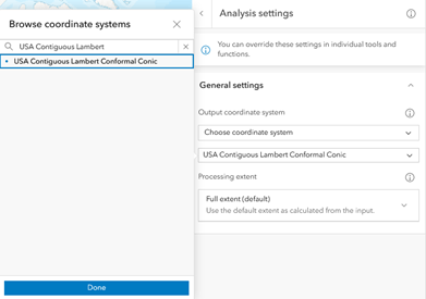 The Analysis settings pane with USA Contiguous Lambert Conformal Conic selected