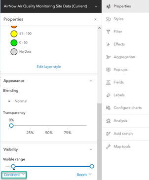 The Properties pane with the Continent dropdown selected