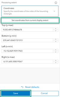 The Processing extent section with Set coordinates from current display extent selected, then the Save button selected