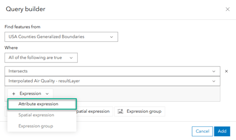 The Query builder with the Expression dropdown selected, then Attribute expression selected