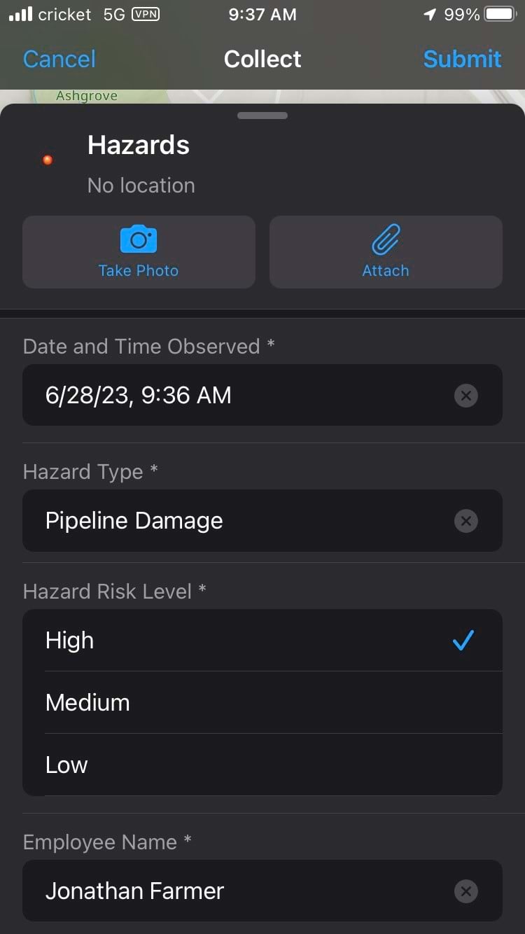 ArcGIS Field Maps hazards application, filled out ArcGIS Field Maps hazards application, filled out