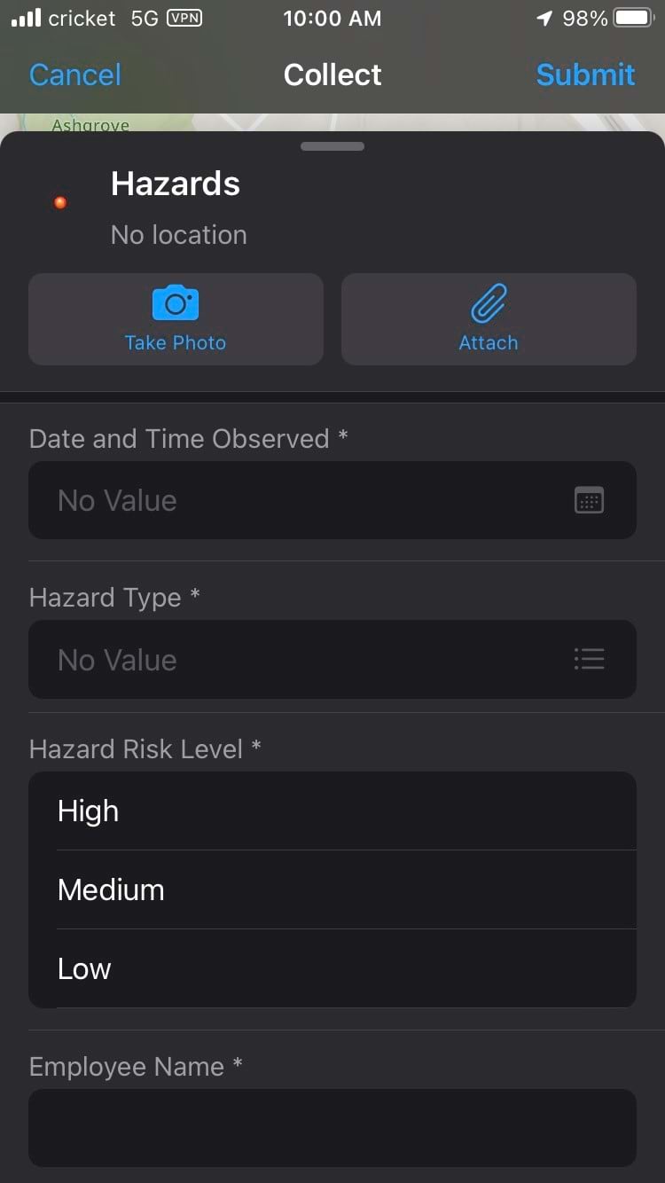 Field Maps empty hazards collection screen Field Maps empty hazards collection screen