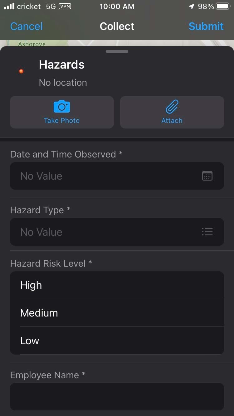 Field Maps empty hazards collection screen