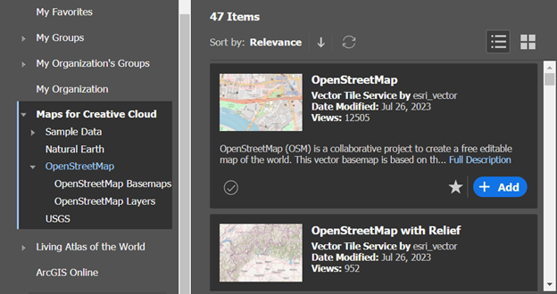 Maps for Creative Cloud data category in the extension's Add Content window
